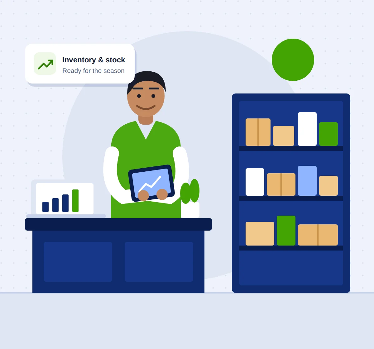 Illustration of an Indian business owner reviewing growth plans in a shop with inventory