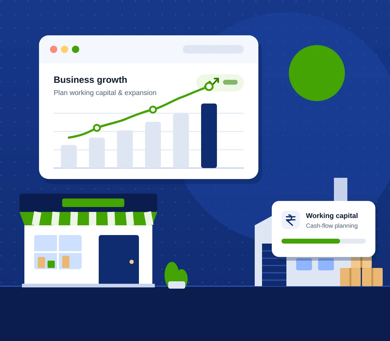 Illustration of a growing Indian business with a financial dashboard showing rising revenue